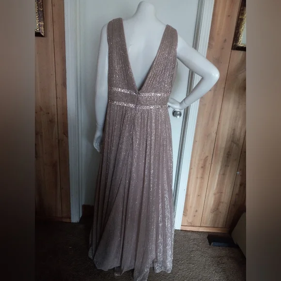 NWOT Cinderella Divine Metalic Gown With Beaded Banded Belt And V-Neckline 18